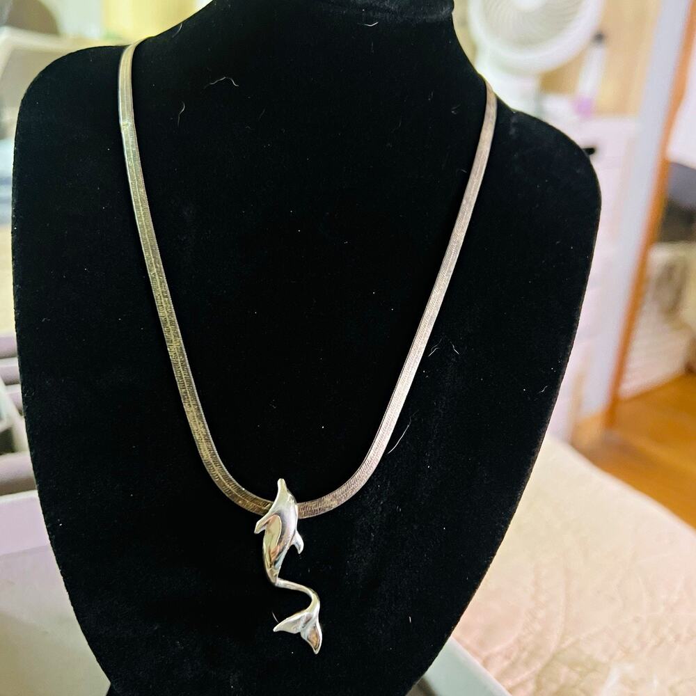 925 Silver Dolphin Chain & Pendant Necklace on Herringbone Chain 14”